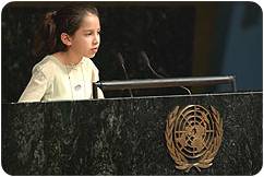 In May 2002, Children's Forum delegate Gabriela Azurduy Arrieta, 13, from Bolivia, addresses the United Nations Special Session on Children