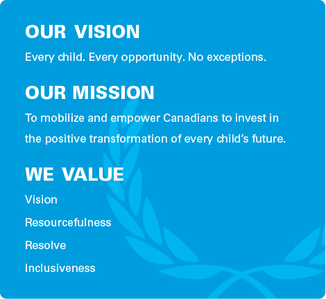 Our Vision: Every child. Every opportunity. No exceptions. Our Mission: To mobilize and empower Canadians to invest in the positive transformation of every child's future. We Value: vision, resourcefulness, resolve, inclusiveness