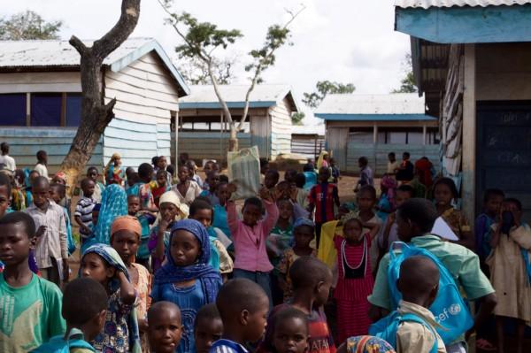 Children in front of ‘Temporary Learning Spaces’ built by UNICEF and its partners in refugee camps in the East and Adamawa regions of Cameroon.