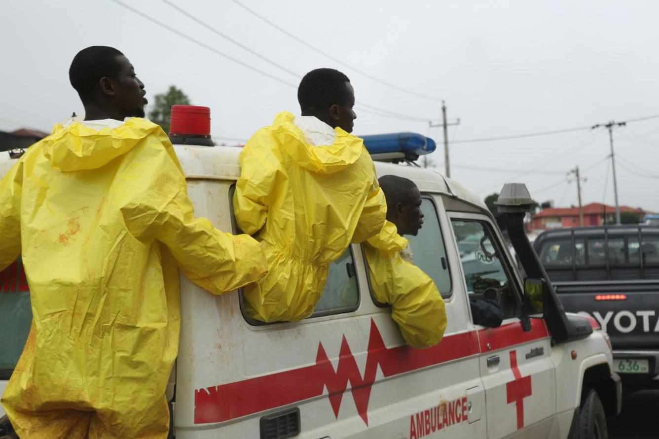 An ambulance transports victims