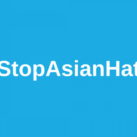 Blue background with white text; stop asian hate