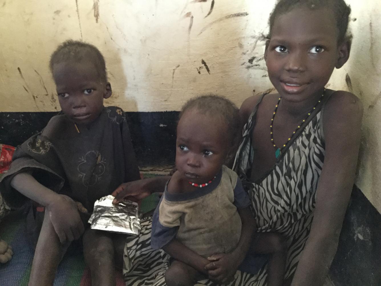 Children receiving treatment for acute malnutrition at a UNICEF-supported clinic in Rubkona.