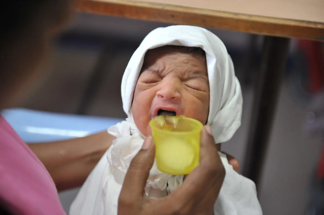 A nurse feeds a baby donor milk undergoing treatment.