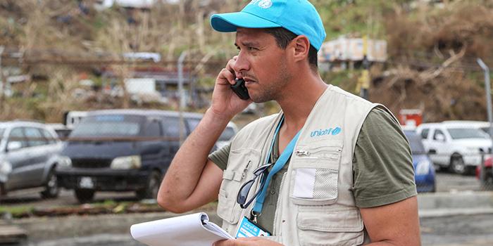 Humanitarian worker on the phone