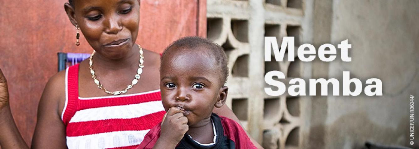 Mother holds her child in Mali with text that reads "Meet Samba"