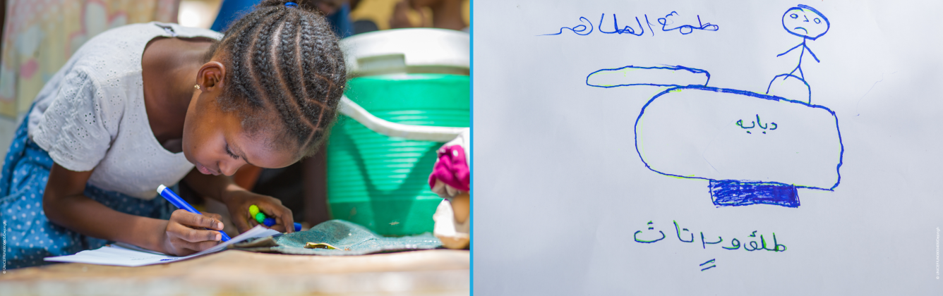 Fatima drew a military tank. Why – “Because of the war. I saw the military tank and soldiers while on the road to another city. There was fighting. At home, I heard gunshots and bombs,”.