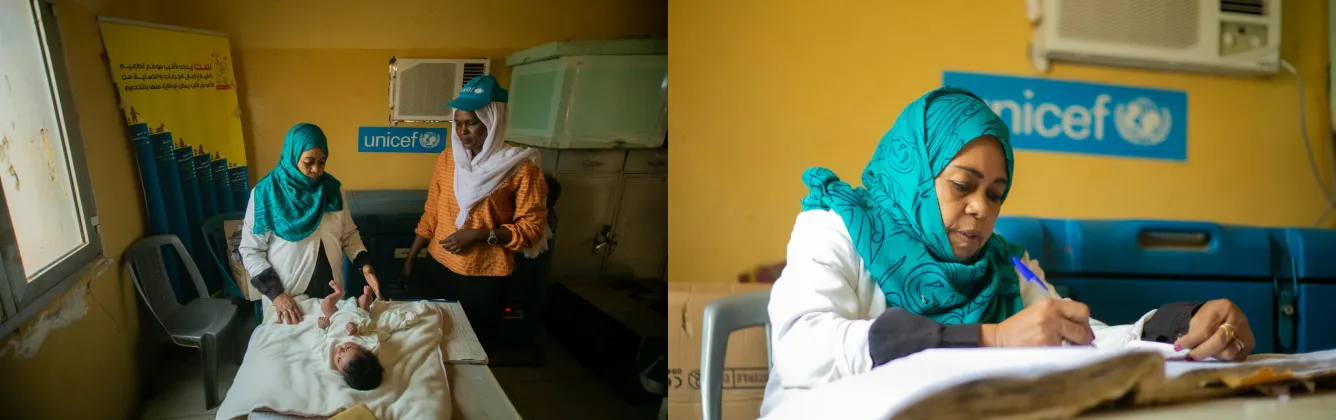 On the left picture, a woman wearing a blue scarf and another woman wearing a white scarf and a blue UNICEF hat can be seen looking down at a baby lying on a table. Behind them is a banner on the left, and a UNICEF sticker on the wall. On the picture on the right, the same woman wearing the blue scarf can be seen sitting down, writing with a blue pen. Behind her is a blue UNICEF sticker.