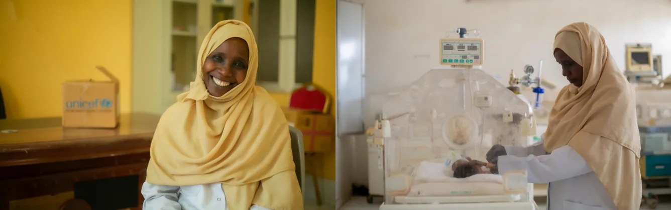 On the left picture, a woman wearing a yellow scarf smiles at the camera. In the background, a UNICEF box is placed on the table. On the right picture, the same woman, wearing a yellow scarf, can be seen from her left side profile. She is attending a baby inside a NICU box in front of her, with her arms reached inside. Monitors surround the NICU box. These pictures were taken in Sudan.