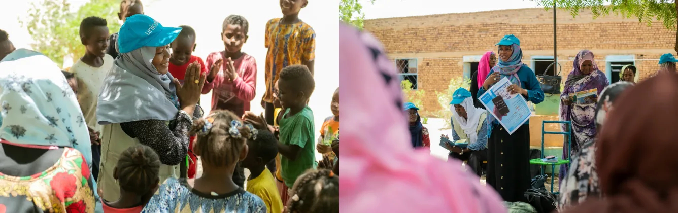 On the left picture, a woman wearing a light grey scarf and blue UNICEF hat can be seen clapping her hands. A dozen children surround her in a circle. On the right picture, a woman wearing a blue and pink scarf, as well as a blue UNICEF hat, can be seen talking to a public. The picture, taken from the public standpoint, shows more women sitting and standing behind the woman giving the speech. The woman talking is holding in her left hand a poster. Both pictures were taken in Sudan.