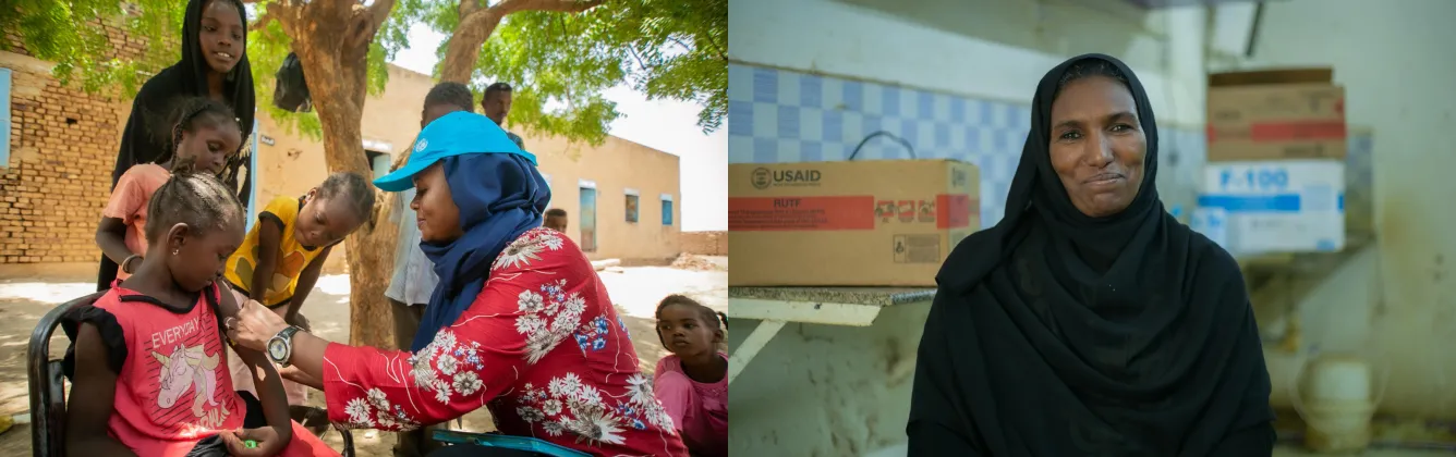 On the left picture, a woman wearing a UNICEF hat and wearing a red floral shirt can be seen from her left side profile. She is attending a child, sitting on a chair, by having her hands on the child's upper left arm. The child is looking down at their upper left arm. Children surround the woman and the child by observing the child's upper left arm. On the picture on the right, a woman wearing a black scarf is smiling at the camera. Behind her are three boxes, two of which have the logo USAID on them.