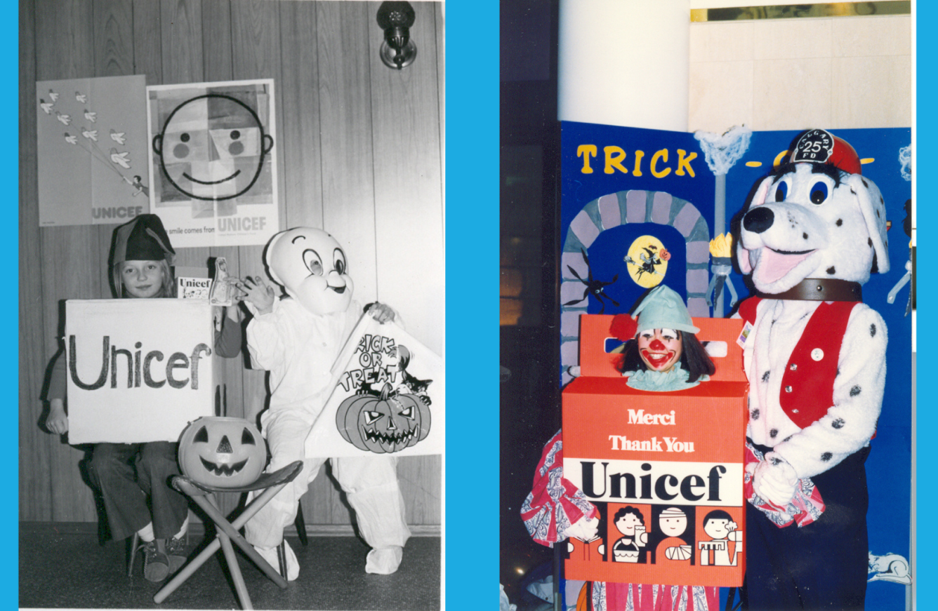 Deux images montrant des enfants déguisés en tirelires orange de l’UNICEF à différentes époques; l’image de gauche est en noir et blanc, et celle de droite, est en couleur.
