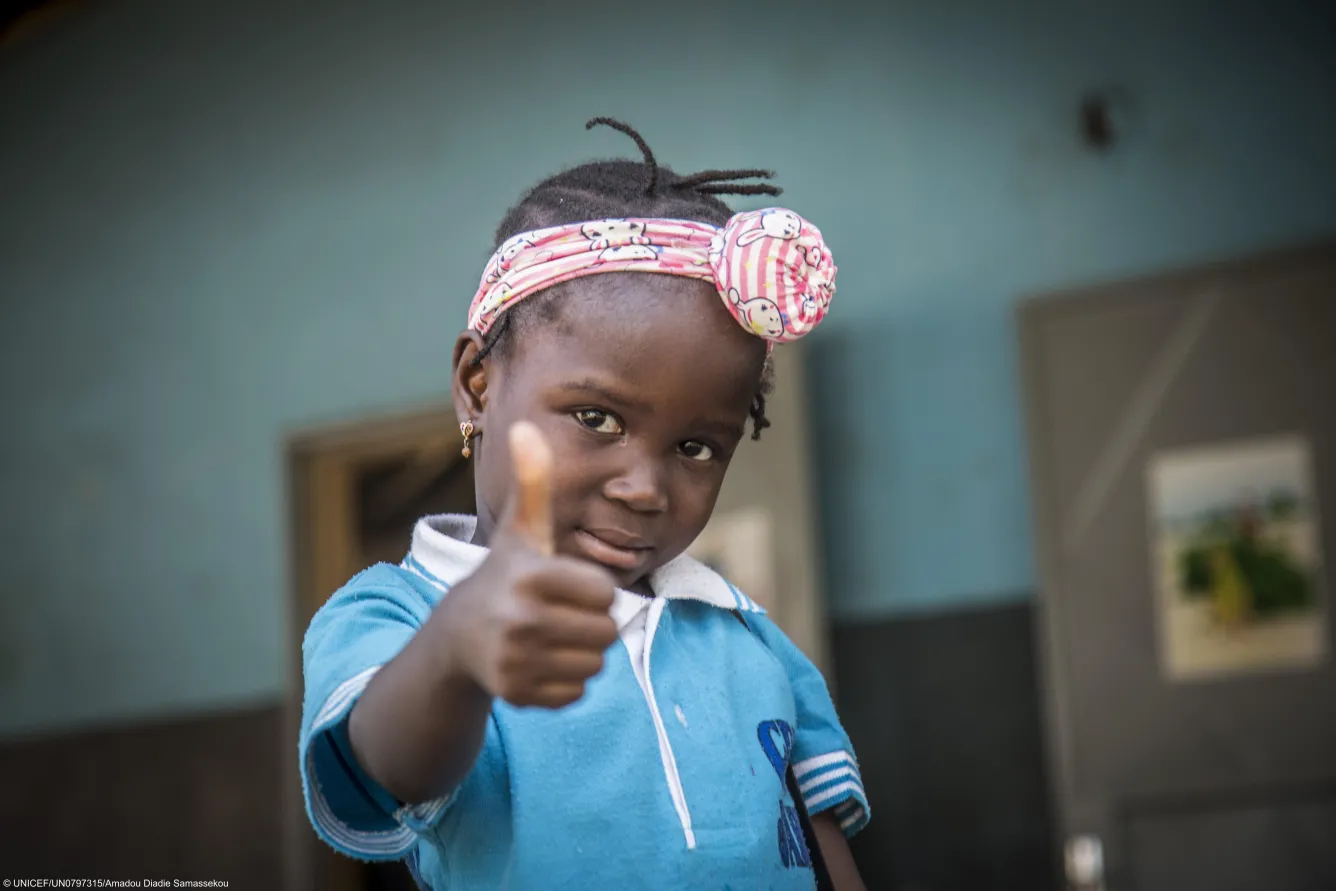 Awa, 5 years old, lives in the Commune VI district of Bamako, Mali. She learns about hand hygiene by playing with her friends at the Niamakoro Early Childhood Development Center.