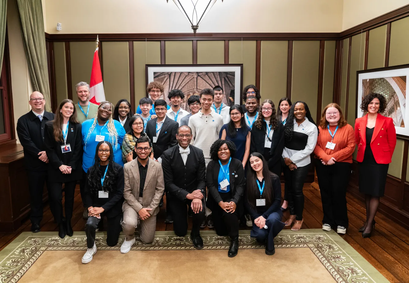 Youth Advocates at the Speaker's Reception with MPs Adam van Koeverden, Lori Idlout, Mike Morrice, Sylvie Bérubé and Hon. Greg Fergus.