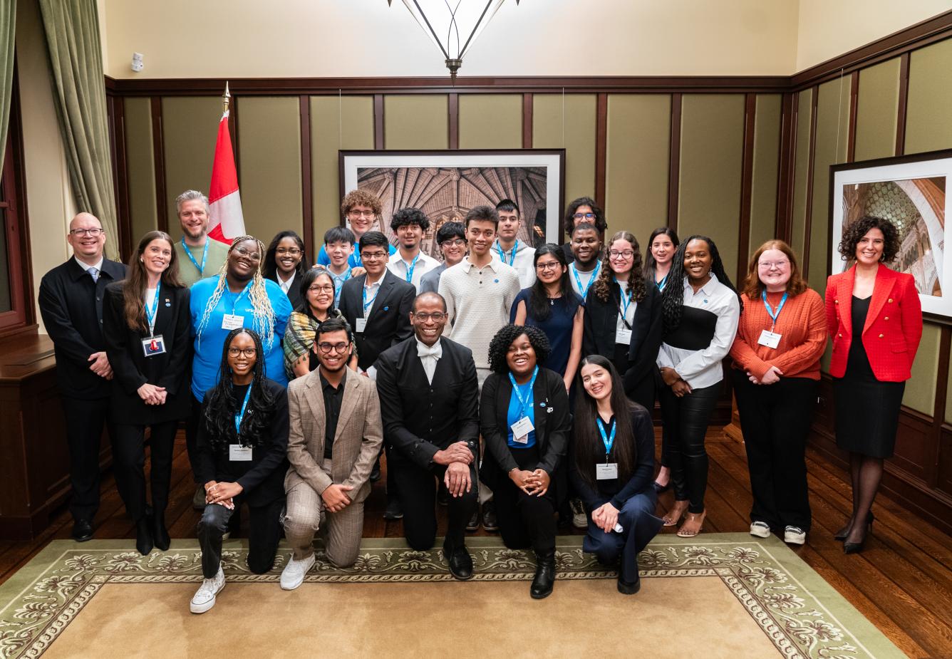 Youth Advocates at the Speaker's Reception with MPs Adam van Koeverden, Lori Idlout, Mike Morrice, Sylvie Bérubé and Hon. Greg Fergus.