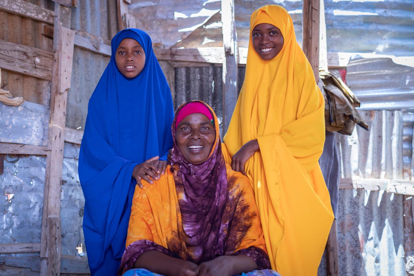 Habiba (Center) with her two children Hawa and Aniso pose for the photo in Xaar-Xaar south of Galkayo in Galmudug State of Somalia.