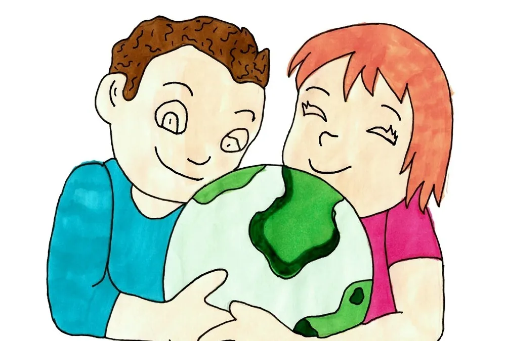 Dessin de deux personnes serrant la Terre dans leurs bras. Sous le dessin figure le texte suivant : « Je rêve que la paix règne dans tous les pays et de pouvoir revoir tous mes amis qui vivent maintenant dans d’autres villes. »