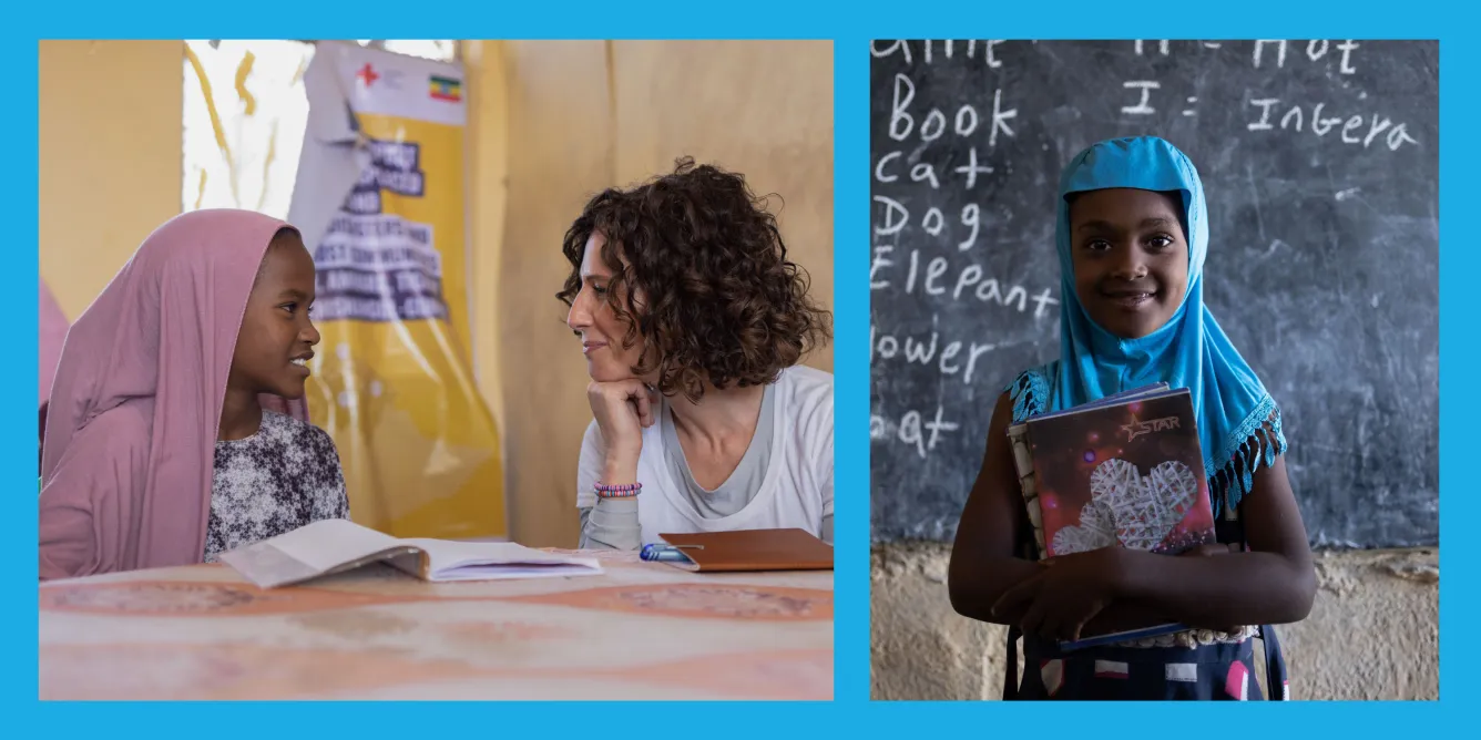 Left image shows a woman in a UNICEF tshirt and a young student in a pink headscarf looking at each other while smiling at a desk. Right image features a smiling schoolgirl in a blue hijab standing in front of a chalkboard with English vocabulary words written in chalk.