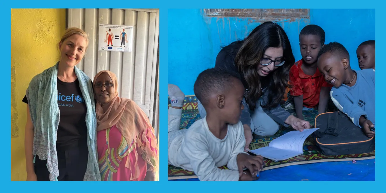 Left photo: Two people are standing together in front of a brightly painted yellow wall. The person on the left is wearing a UNICEF shirt. The other person is standing close beside them and wearing a colorful, patterned garment and head coverin, both are smiling. Right photo: An adult is seated on the floor with several young children, helping them with what appears to be a school activity. The group is gathered on a patterned mat.