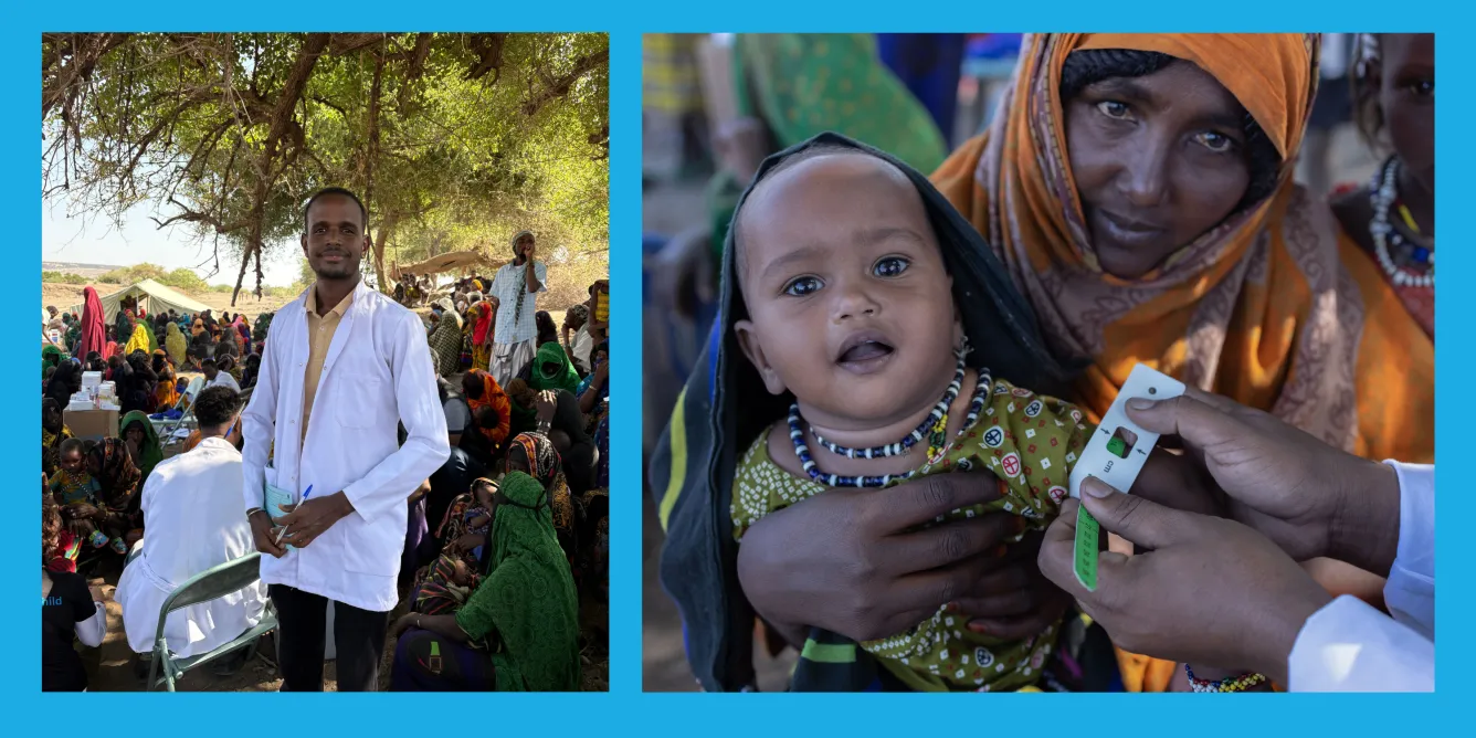 Collage of humanitarian medical outreach under shaded trees. Left image shows a male healthcare worker in a white lab coat holding a pen and notepad, standing among seated women and children in colorful traditional clothing and headscarves, with medical supplies and boxes. Right image features a close-up of a mother in an orange hijab holding her baby while a healthcare worker fastens a MUAC band on the child. 