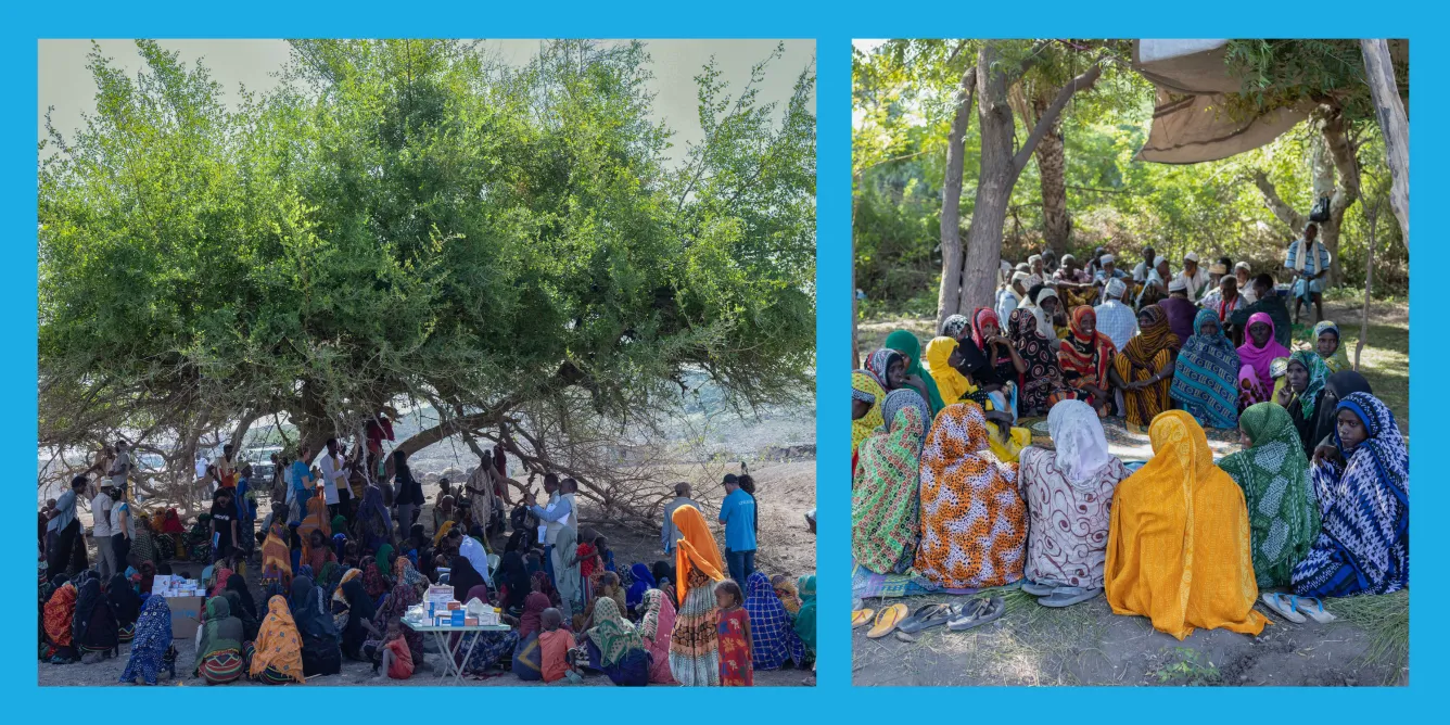 Collage of rural community gathering under large shade trees, featuring humanitarian aid distribution and outdoor village meeting. Left image shows men, women, and children in colorful traditional clothing and headscarves sitting on the ground near medical supplies and boxes, suggesting mobile health clinic. Right image depicts a group of women in vibrant patterned hijabs and shawls seated in a circle on mats beneath trees, participating in community discussion.