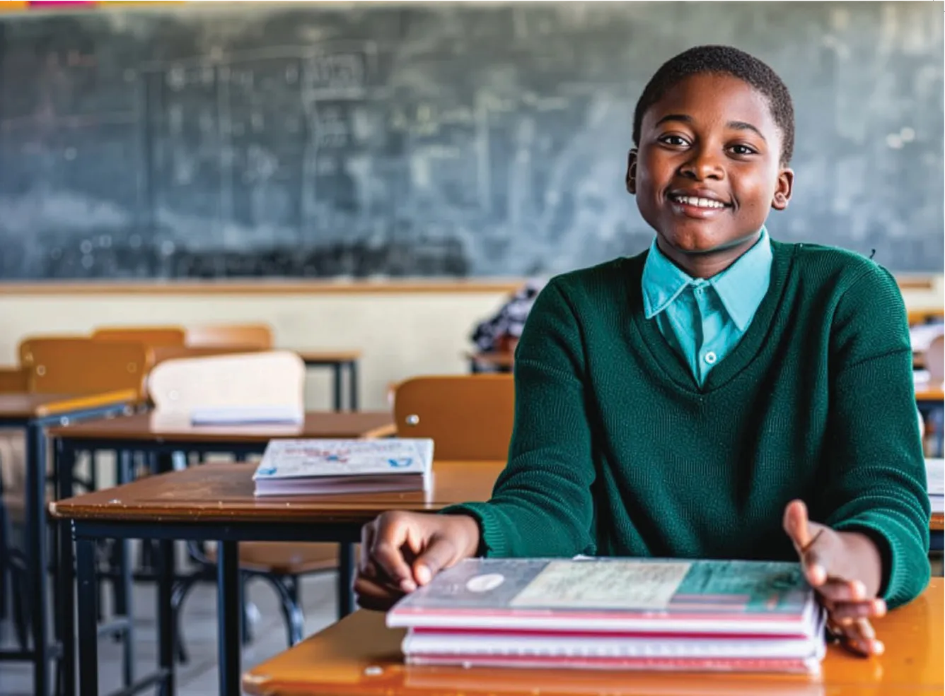 A girl smiles as she poses for a photo in a classroom.