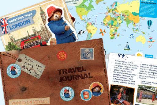 Image of a kids travel journal with a map.