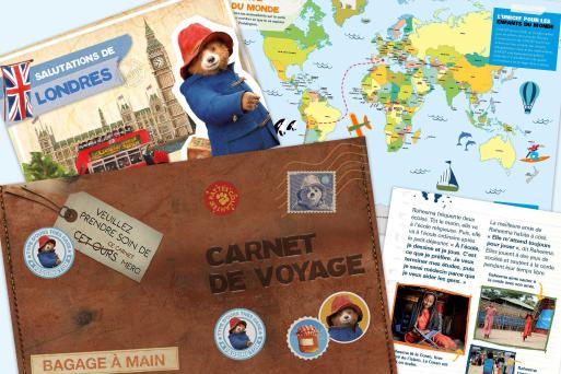 Illustration d’un carnet de voyage et d’une carte du monde sur le thème de l’ours Paddington.