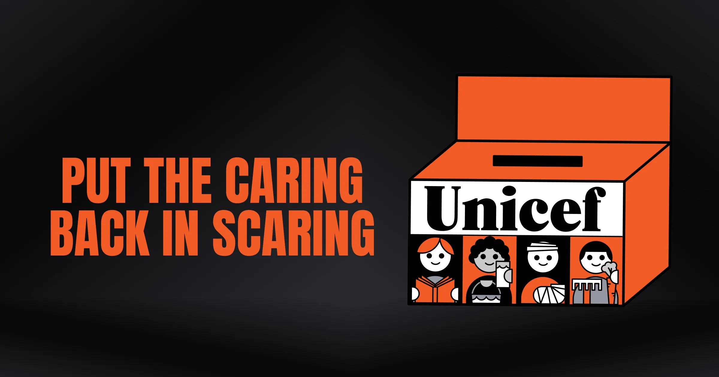 The image depicts UNICEF Canada's iconic Halloween box with the tagline " Put the caring back in scaring"
