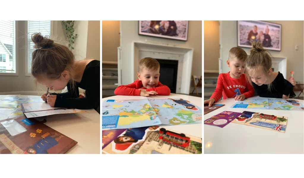 A collage of children opening Paddington's Postcard in their living room. 