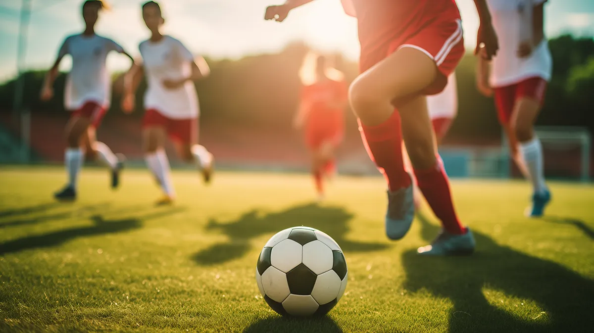 Kids playing football on a field. 