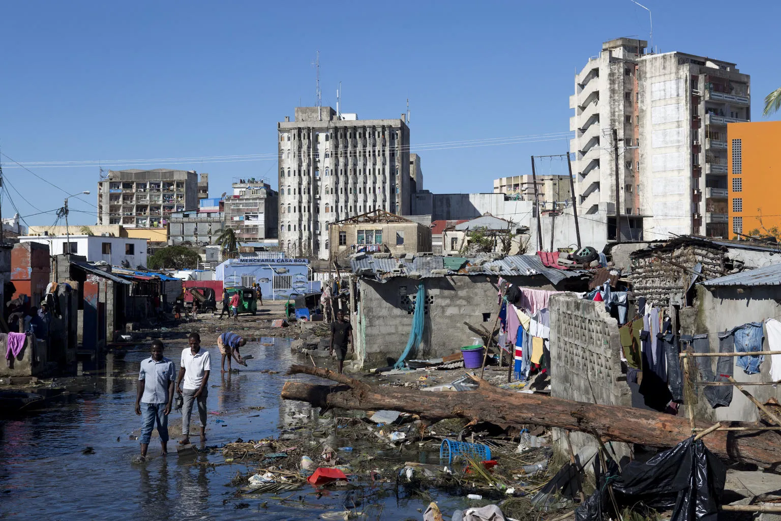 Destroyed homes and floodwaters in Beira, Mozambique.