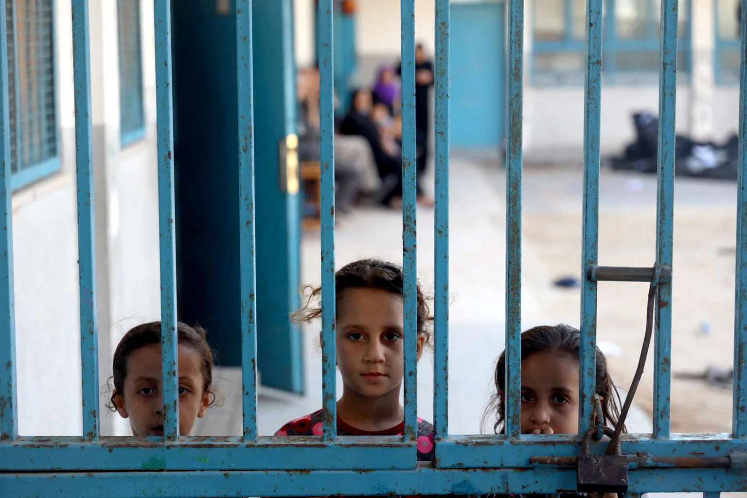 Three girls peeking outside a gate at one of 29 UNRWA schools used as temporary shelter.