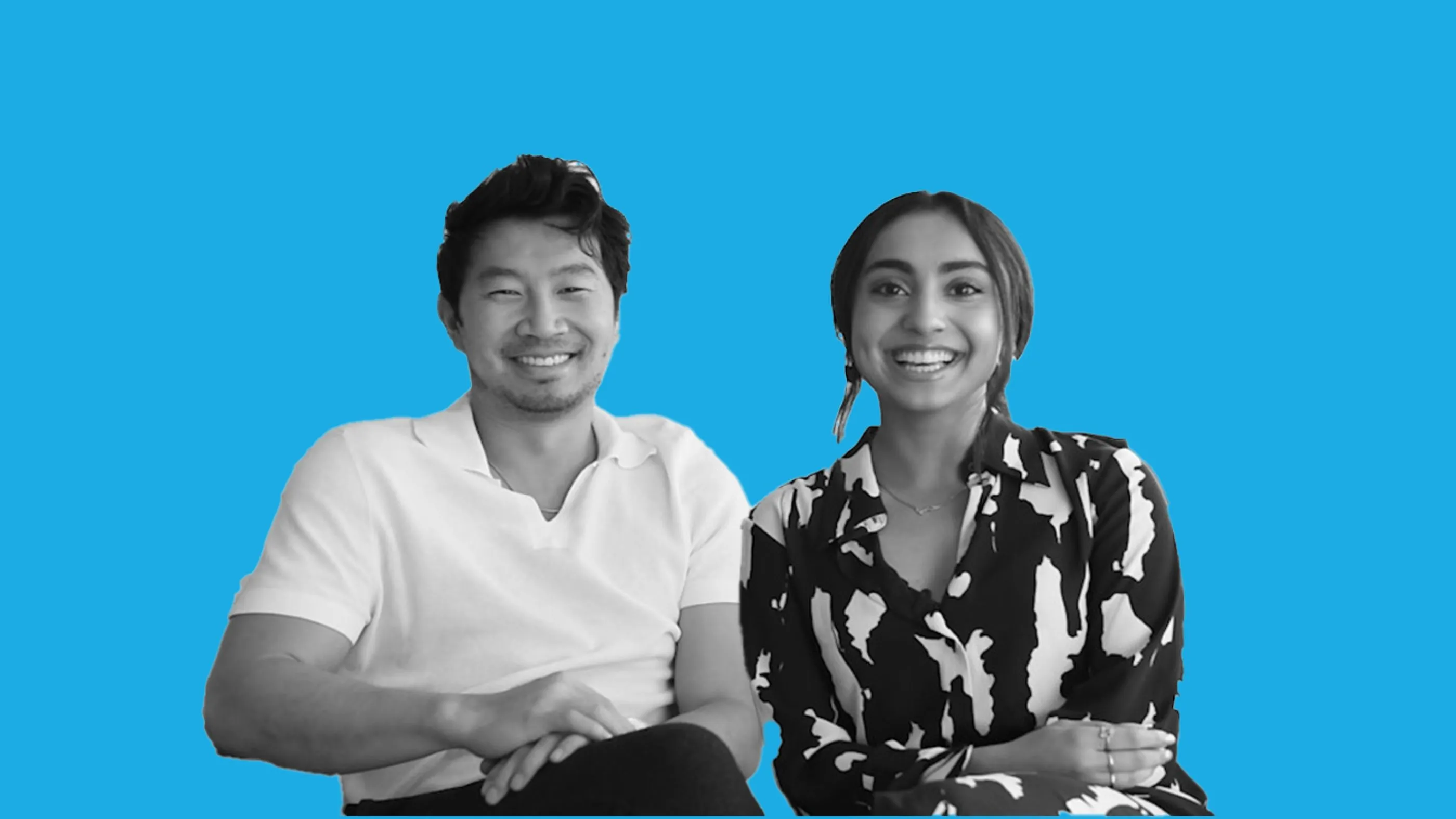 UNICEF Canada ambassadors Simu Liu and Saara Chaudry looking at camera
