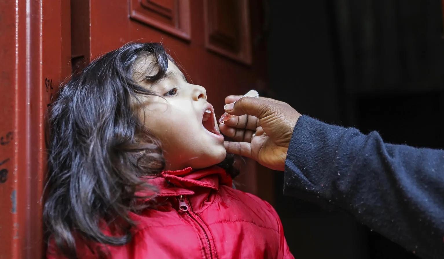 A little girl receives a polio vaccine.