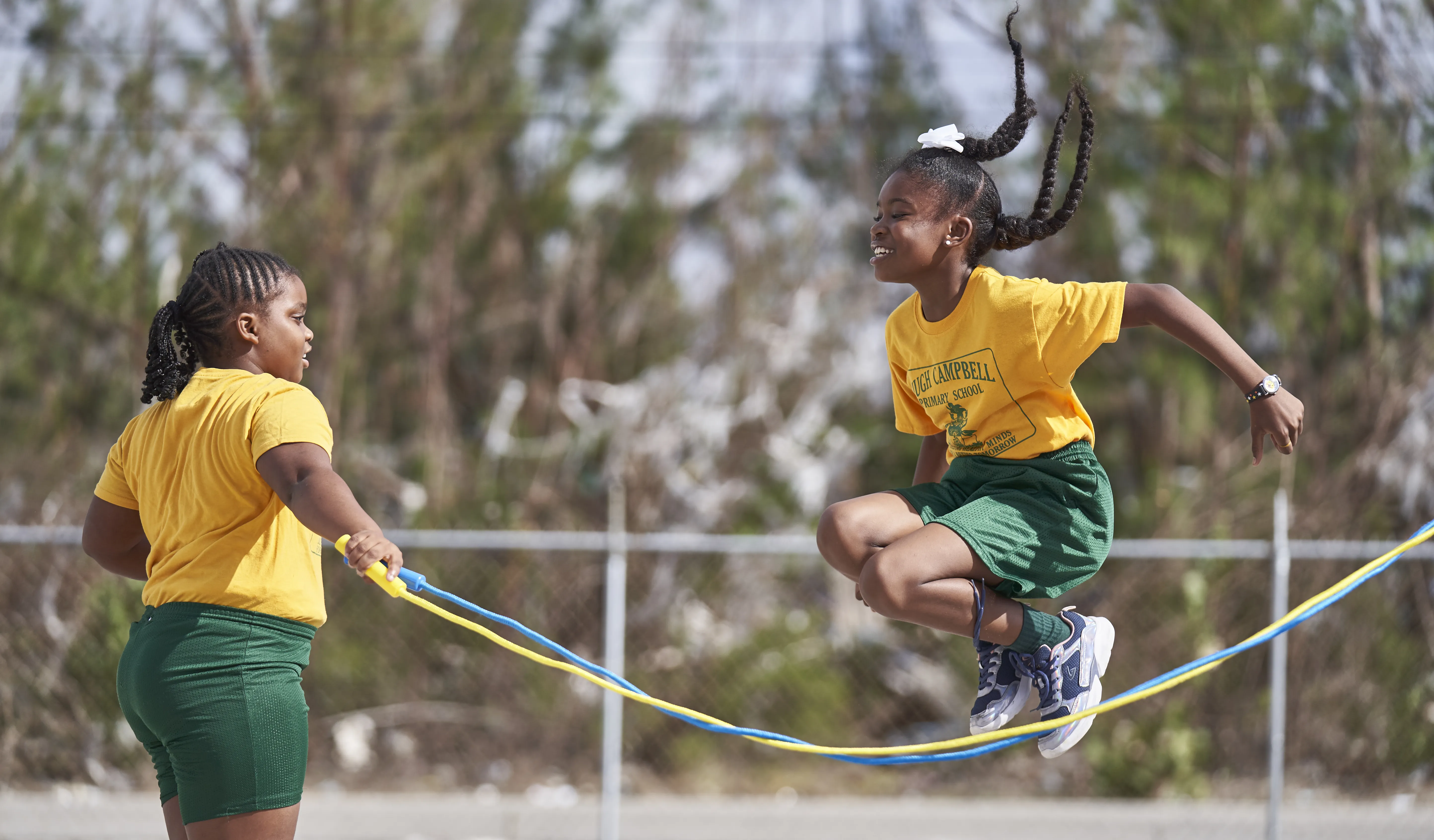 On 11 December 2019 in The Bahamas, girls jump rope during a break at Hugh H. Campbell Primary School in Freeport.