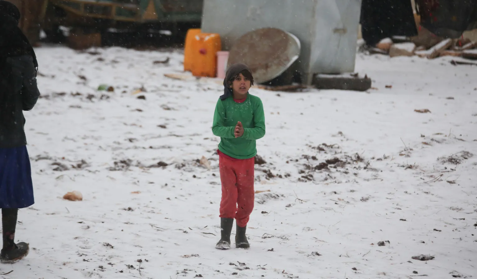 A child stands in a temporary camp for displaced persons in Syria.