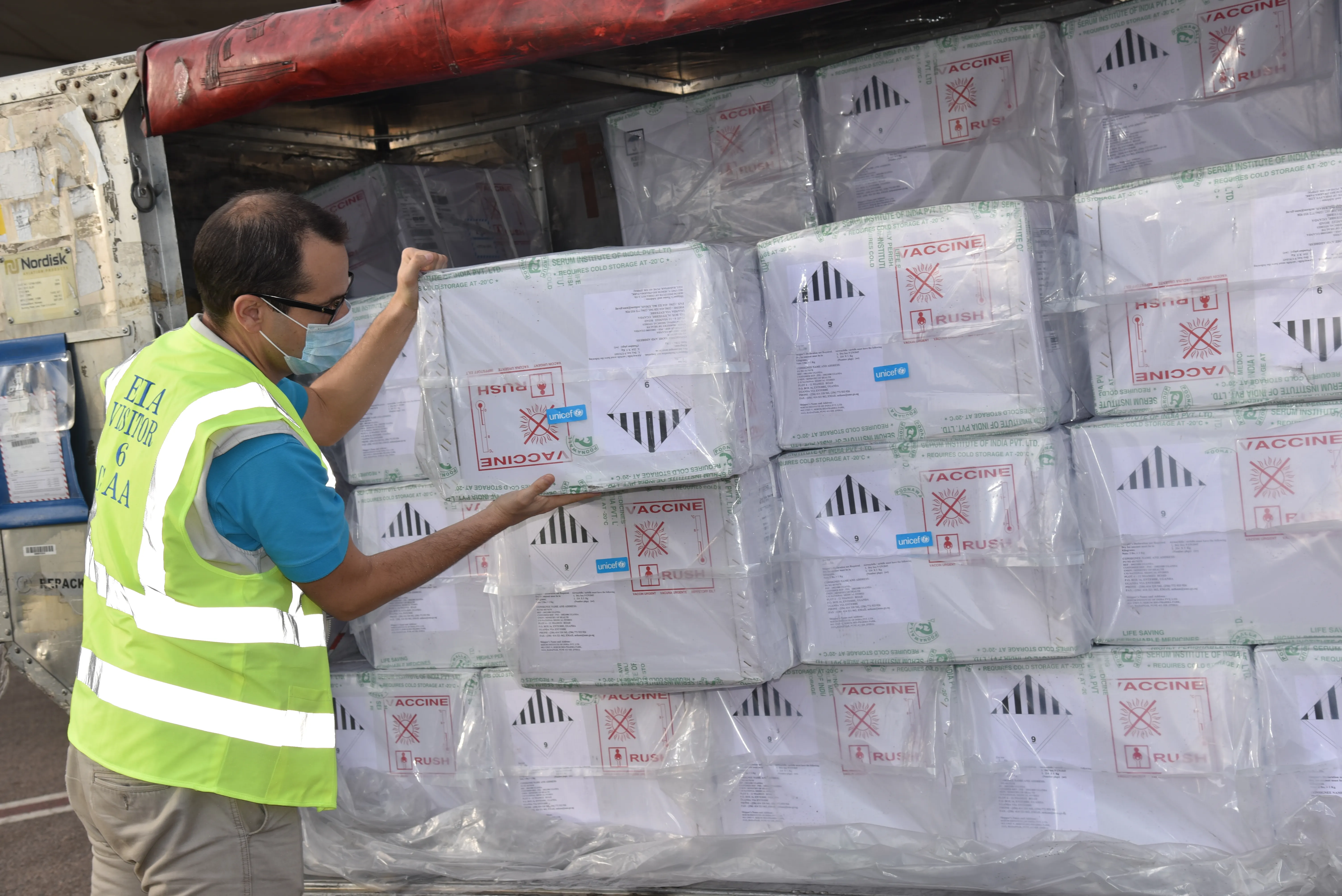 Some of the 3,842,000 doses of bivalent oral polio vaccine (bOPV) that arrived in Uganda on 24 April 2020 to support ongoing routine immunization services throughout the country.