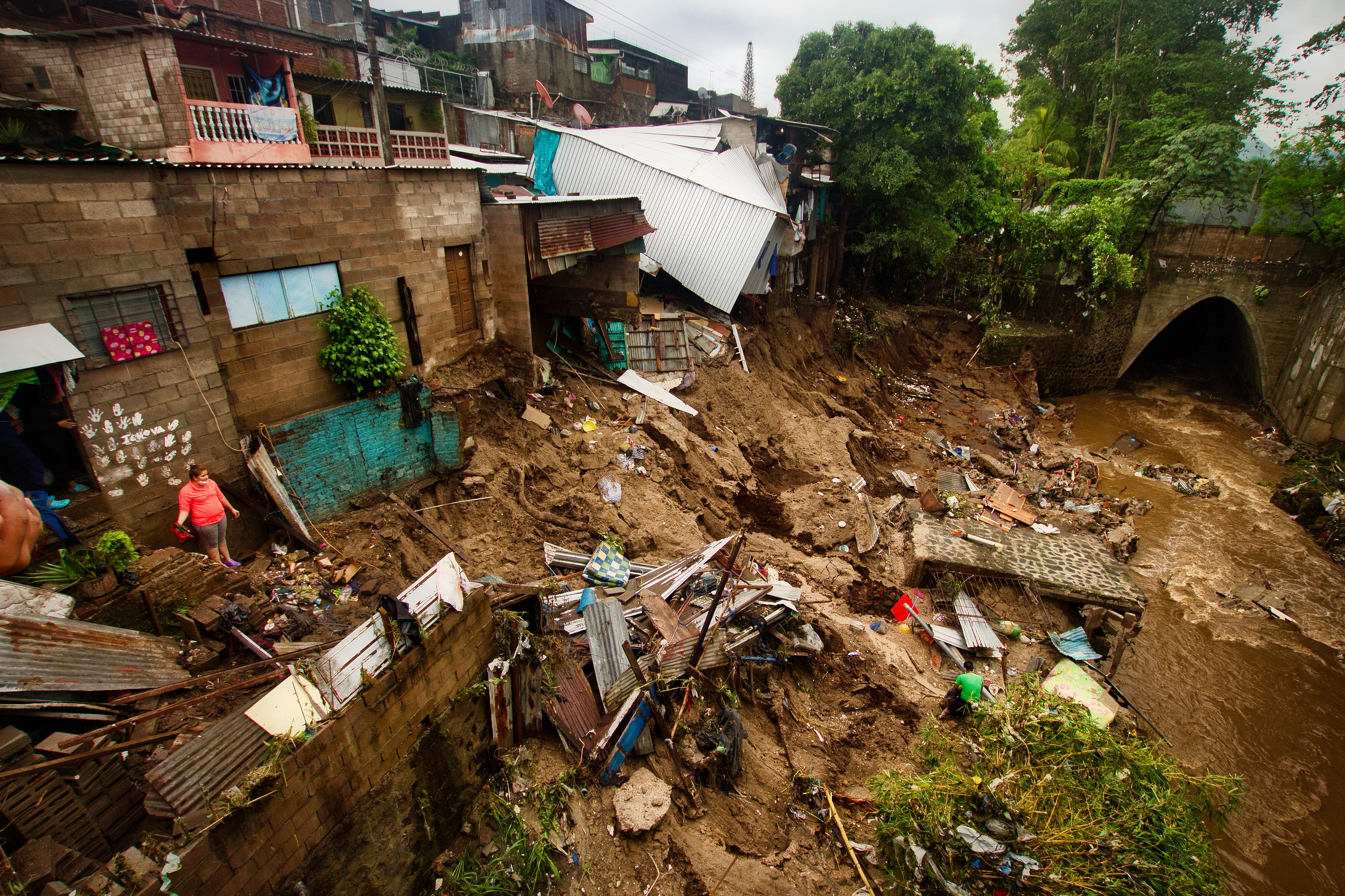 Overview of the destruction caused by the flooding of the Acelhuate River in the New Israel Community in San Salvador, El Salvador, Sunday, May 31, 2020