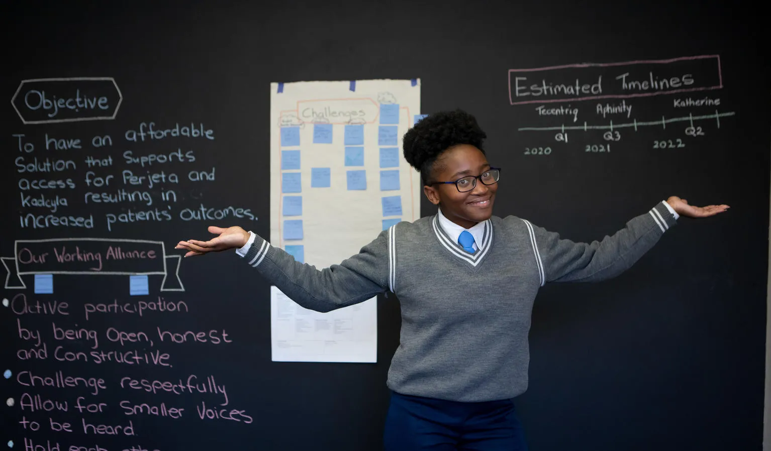 Sebabatso stands in front of her science class.