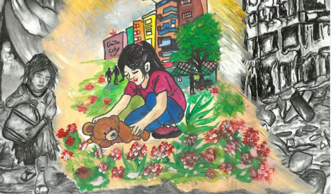 A drawing of a girl in colorful clothes playing with a teddy bear among flowers. The backdrop shifts from war-torn black-and-white to colorful urban life, contrasting despair with hope.