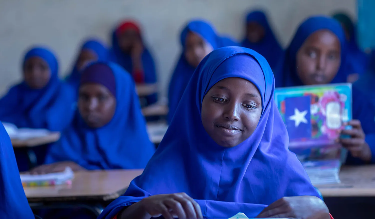Young girl attends class at primary school in Puntland, Somalia. 