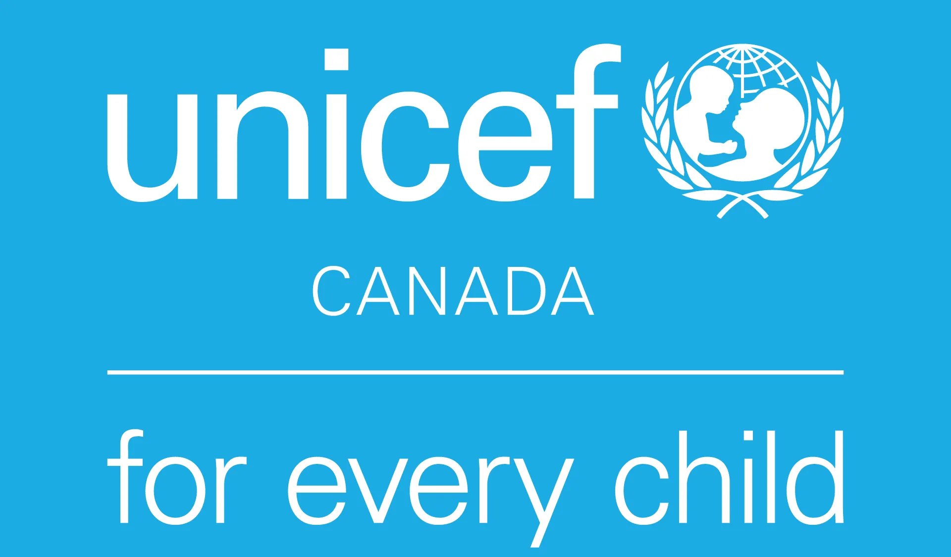 white text and logo for UNICEF Canada on blue background
