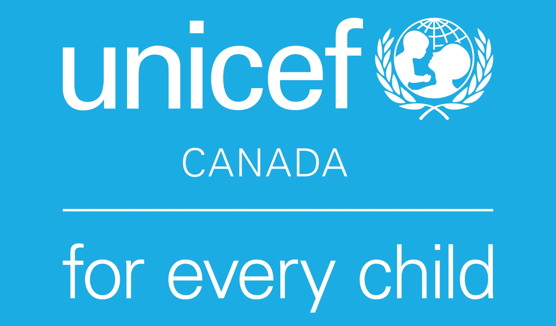 White UNICEF Canada logo on a cyan background. 