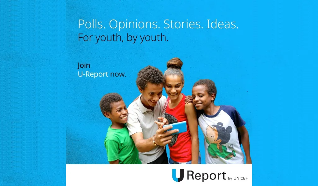 Group of youth, using an electronic device with text on top right, Polls, Opinions, Stories, Ideas. For Youth, by Youth. 