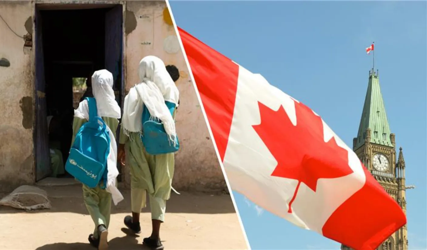 Image de deux filles marchant vers l’école juxtaposée à une image du drapeau canadien.'