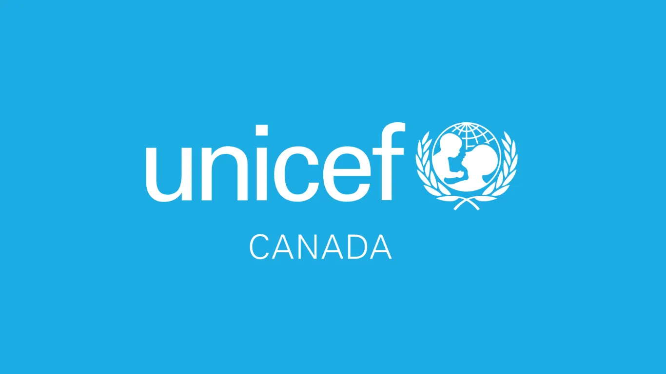 Cyan background with a white UNICEF Canada logo