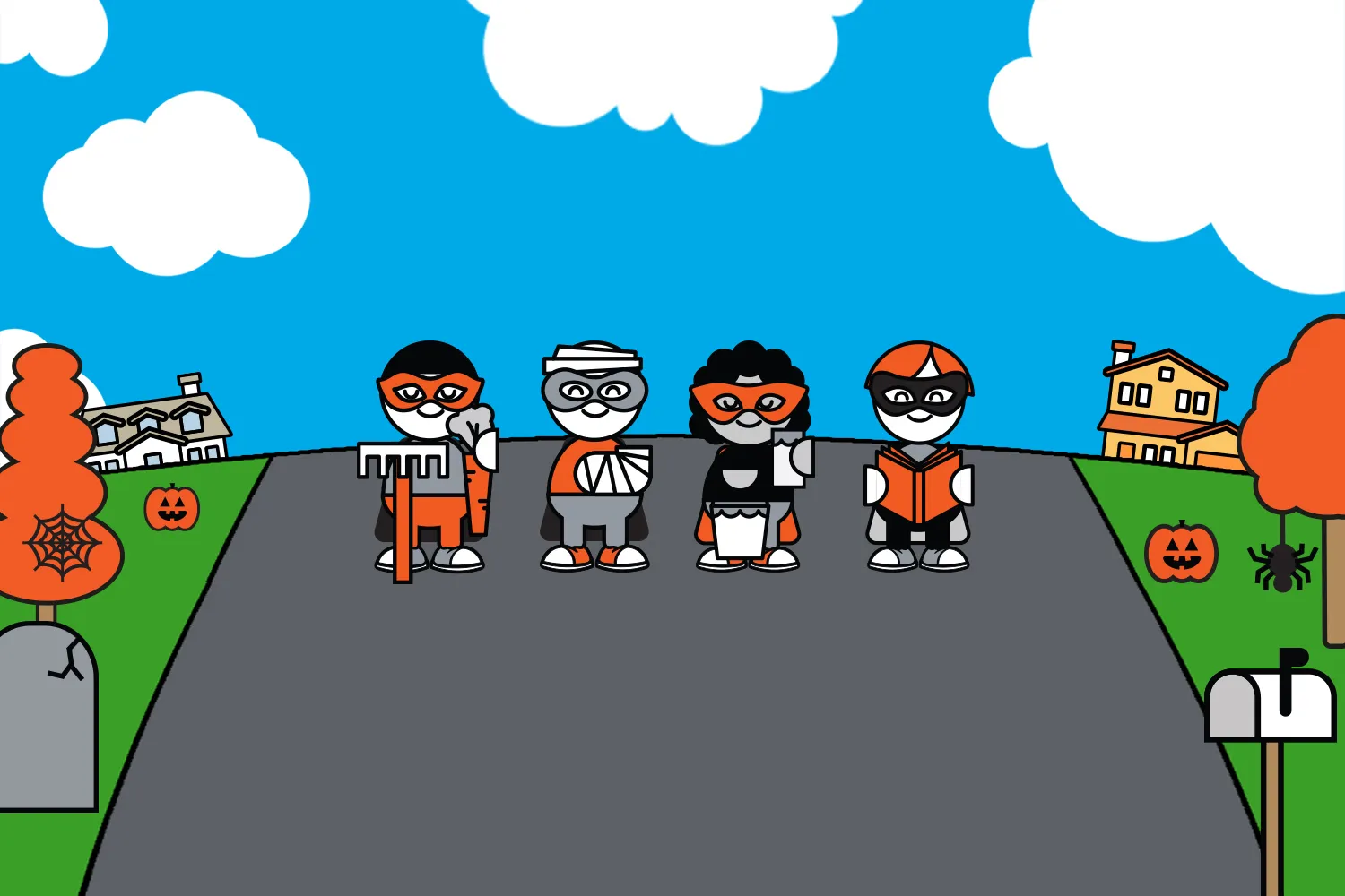 Halloween heroes walking in their neighbourhood. 