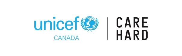 White background with a cyan UNCIEF Canada logo and text on the right reading Care Hard