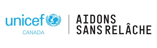 White background with a cyan UNCIEF Canada logo and text on the right reading Aidons Sans Relache
