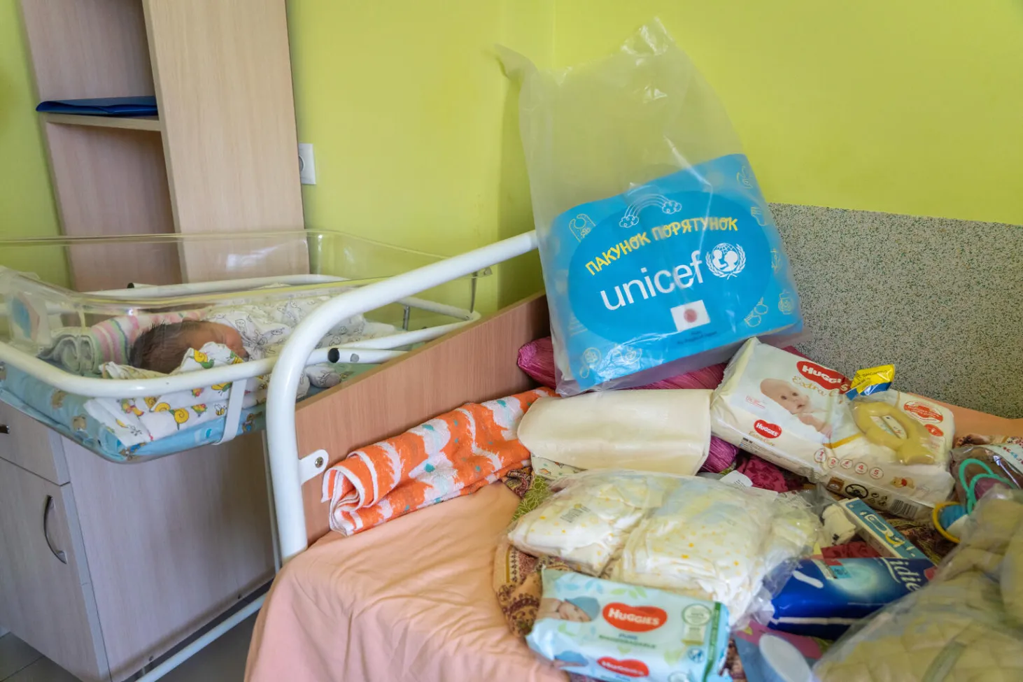 Baby Boxes distributed to hospitals around Ukraine, containing essential items such as diapers, clothes and toys.